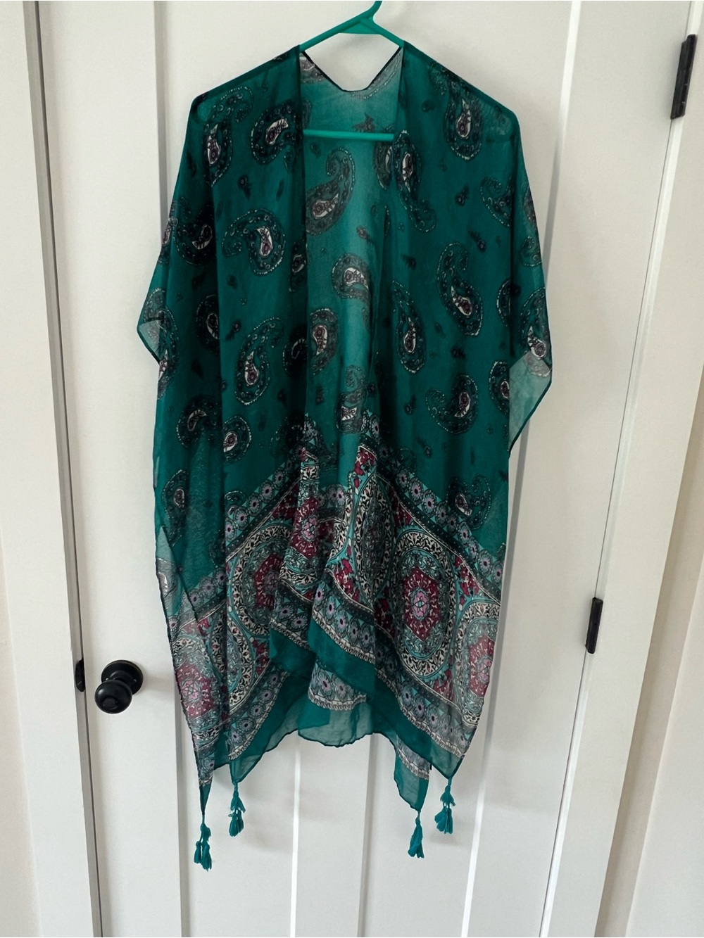 NWOT Boho Green Paisley Chiffon Duster Kimono Cardigan Pink Turquoise Trim OS